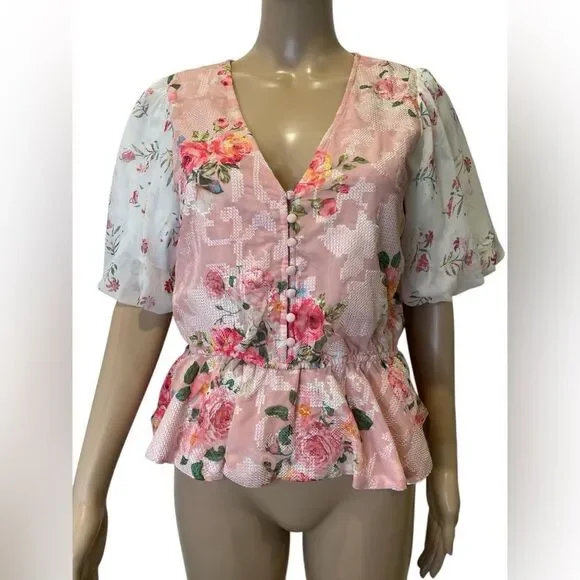 HEMANT & NANDITA Pink Puff Sleeve Peplum Blouse - Picture 3 of 6